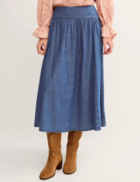 Monsoon Denim Seam Detail Midi Drop Waist Skirt Blue