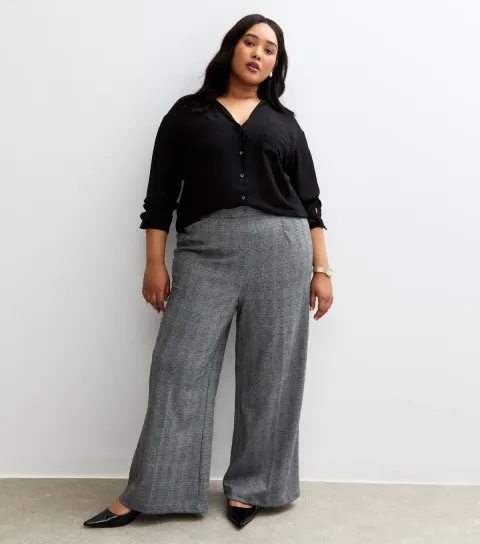 Women's Plus Size Black Check Pattern Wide Leg Trousers Curves