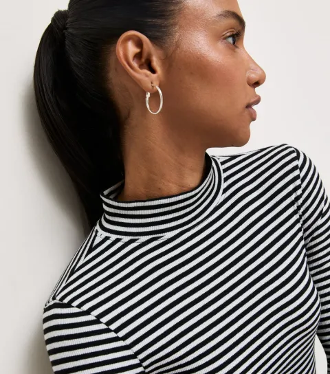 Women's White Cotton Rich Horizontal Stripe Ribbed Stand Neck Top