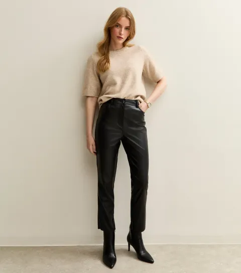 Women's Black Faux Leather Straight Leg Trousers