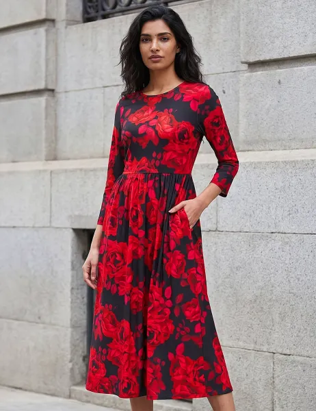 Roman Floral Gathered Midi Dress Red Mix