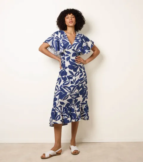 Women's Blue Floral Wrap Midi Dress