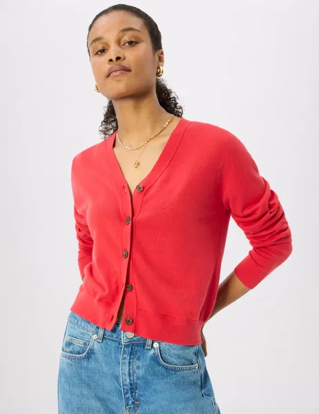 Whistles Pure Linen V-Neck Button Front Cardigan Red