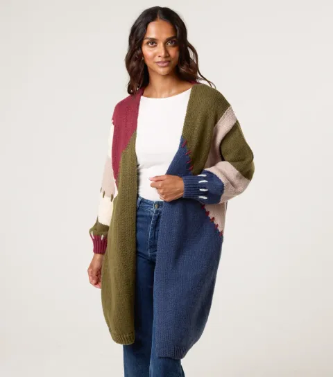 Women's Navy Colour Block Long Cardigan