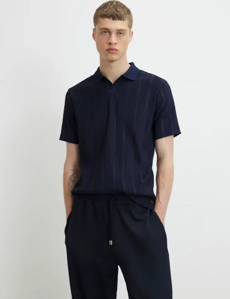 River Island Textured Open Neck Knitted Polo Shirt Navy