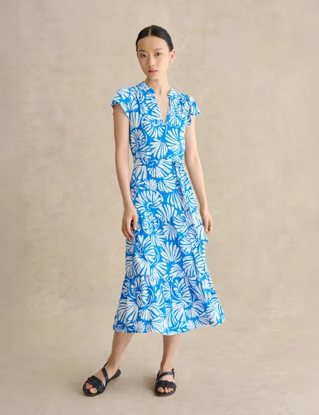 Hobbs Jersey Printed V-Neck Midi Tiered Dress Blue Mix