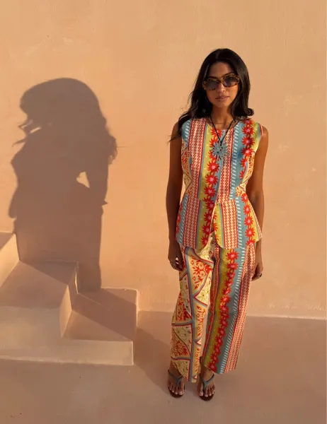 Never Fully Dressed Pure Cotton Printed Waisted Waistcoat Orange Mix
