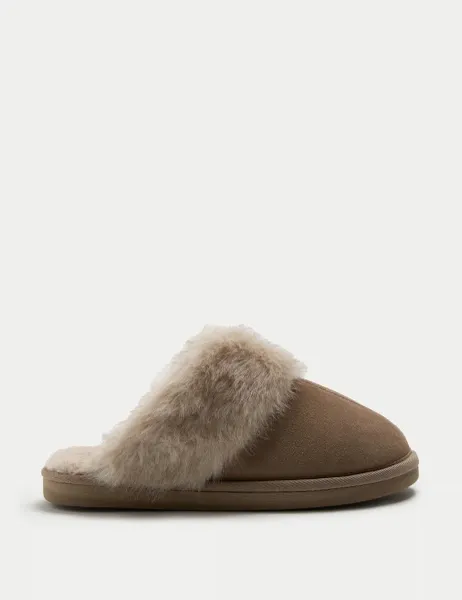 Marks & Spencer Suede Faux Fur Trim Mule Slippers Mink