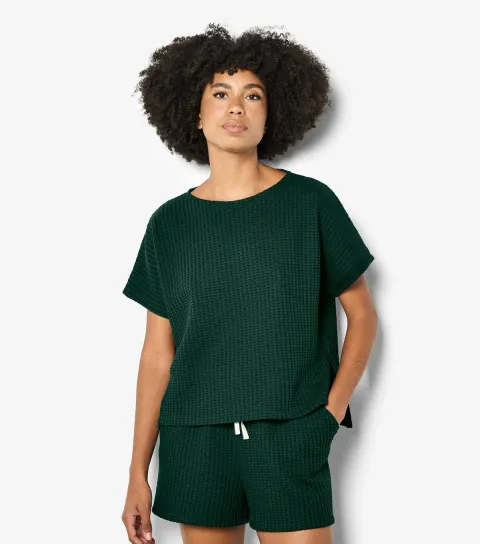 Women's Dark Green Cotton Rich Waffle Texture T-Shirt