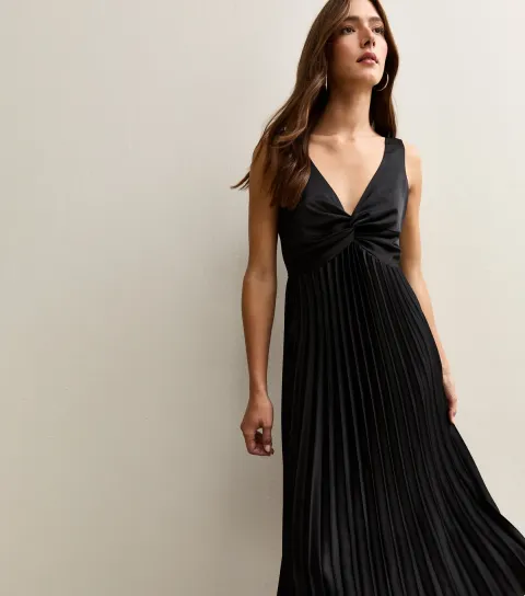 Women's Black Satin Pleated Midi Dress