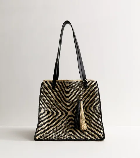 Black Chevron Woven Oversized Tote Bag