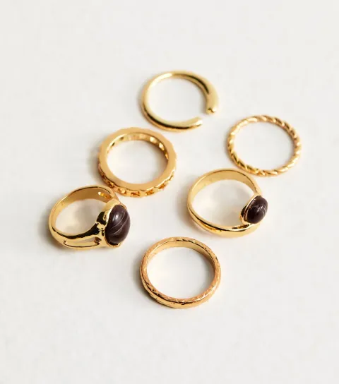 Pack of 6 Gold Tone Chunky Resin Rings