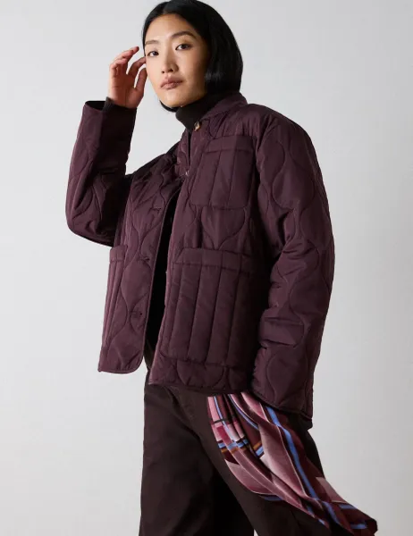 Whistles Quilted Bomber Collar Button Through Coat Burgundy
