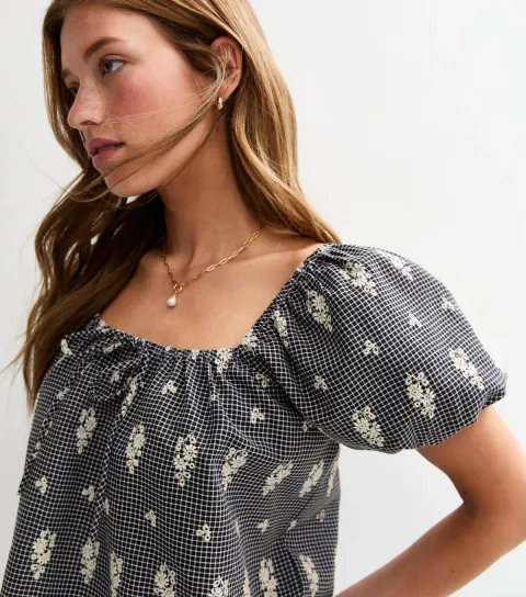 Women's Black Gingham Floral Embroidered Milkmaid Top