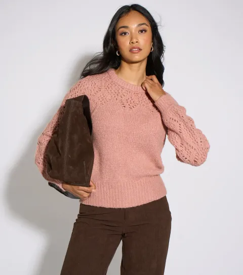 Women's Light Pink Crochet Yoke Knitted Jumper