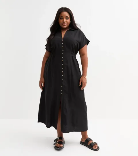 Women's Plus Size Black Shirred Waist Midi Dress Curves