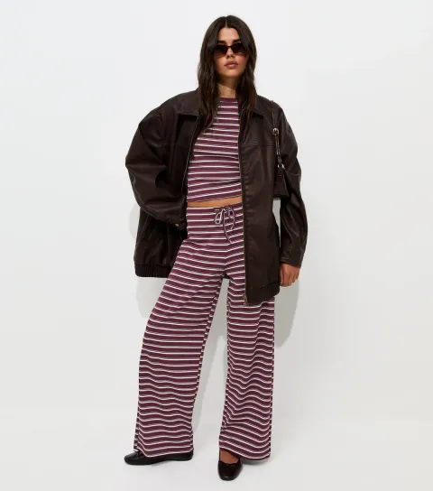 Women's Red Cotton Rich Striped Wide Leg Drawstring Trousers