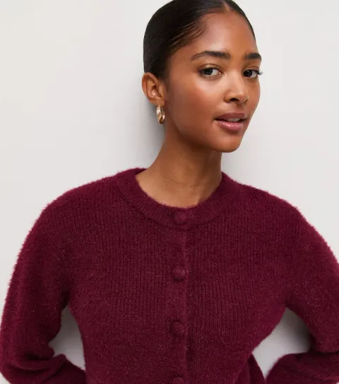 New Look Women's Dark Red Covered Button Crew Neck Cardigan