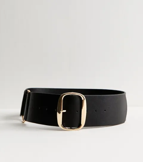 Wide Black Faux Leather Buckle Belt