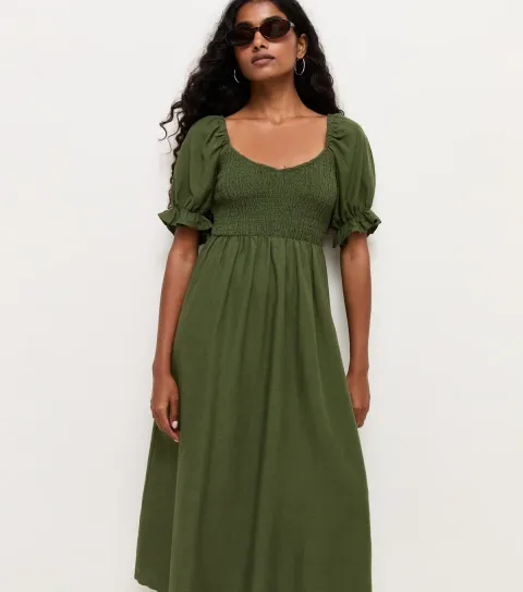 Women's Petite Dark Khaki Shirred Bodice Puff Sleeve Midi Dress
