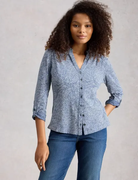 White Stuff Pure Cotton Printed Collared Shirt Blue