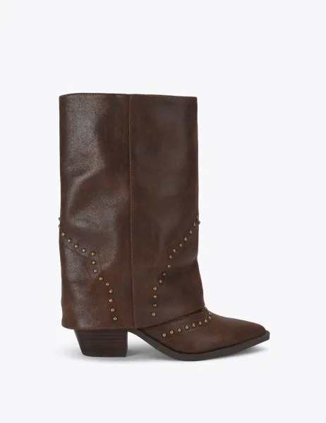 Steve Madden Leather Studded Block Heel Knee High Boots Brown