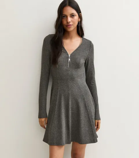 New Look Women's Dark Grey Long Sleeve Zip Front Mini Dress