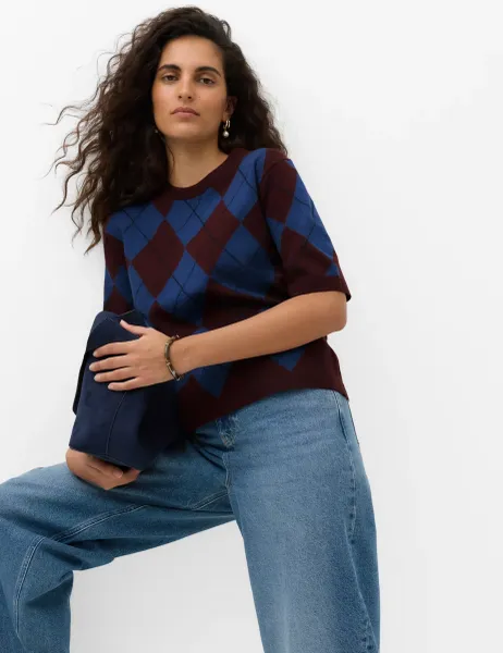 Marks & Spencer Air Yarn Argyle Relaxed Crew Neck Knitted Top Blue Mix
