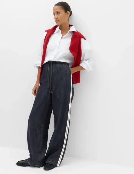 Marks & Spencer Cotton Rich Side Stripe Pull On Wide Leg Trousers Dark Indigo