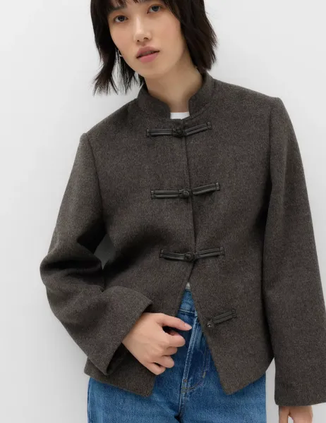 Marks & Spencer Textured Knot Button Detail Short Jacket Charcoal Mix