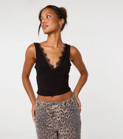 Pink Vanilla Women's Black Lace Trim V-Neck Crop Top