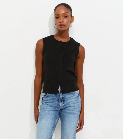 New Look Women's Black Compact Knit Button Through Waistcoat