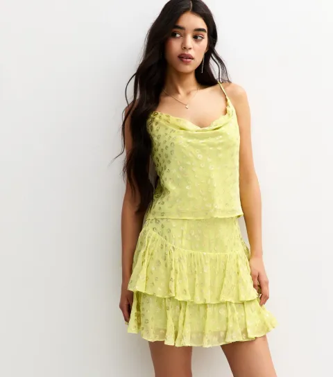 Women's Bright Yellow Metallic Jacquard Ruffle Mini Skirt