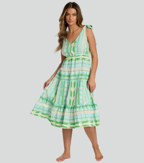 Women's Green Jacquard Tie Shoulder Midi Dress
