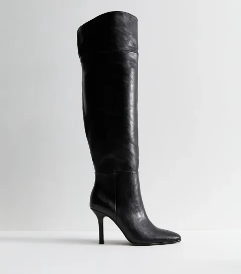 Women's Black Faux Leather Over The Knee Stiletto Boots Vegan