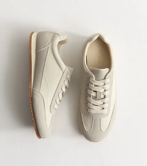 Women's Off White Faux Suede Panelled Lace Up Trainers