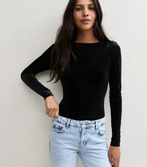 New Look Women's Black Velvet Scoop Back Long Sleeve Bodysuit