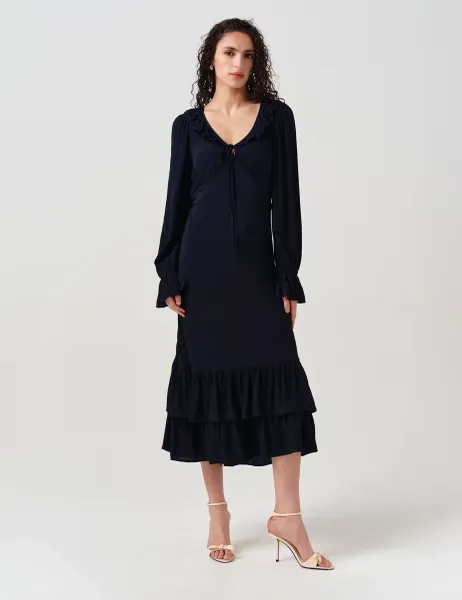 Ghost Crepe Ruffle Hem Midi Dress Navy