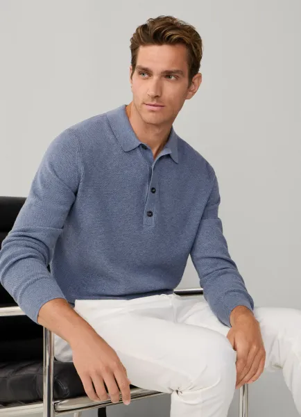 Merino Wool Textured Long Sleeve Knitted Polo