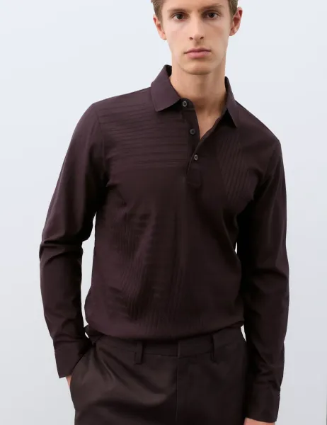 Autograph Pure Cotton Geometric Print Long Sleeve Polo Shirt Teak