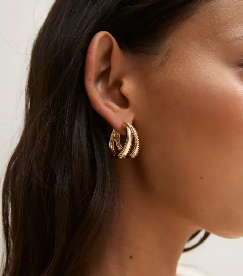 New Look Gold Tone Sleek Ridged Double Hoop Earrings