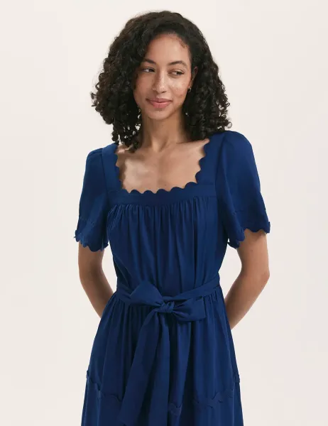 Finery London Pure Cotton Square Neck Midi Tiered Dress Indigo