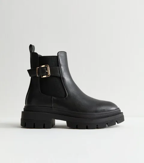 Women's Wide Fit Black Faux Leather Chunky Chelsea Boots
