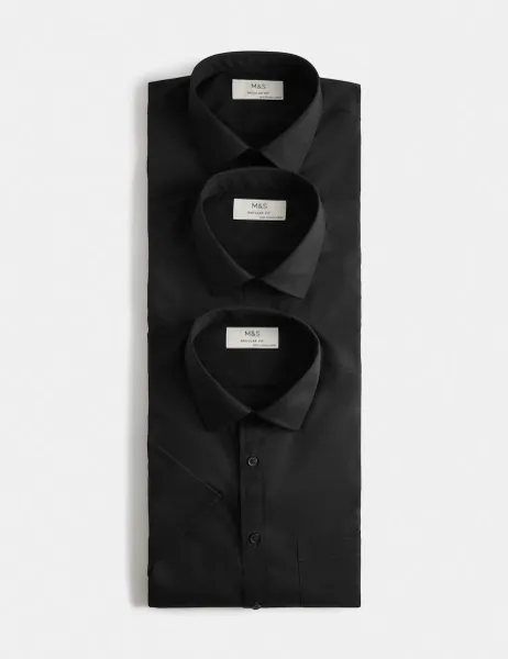 Marks & Spencer 3 Pack Regular Fit Easy Iron Short Sleeve Shirts Black