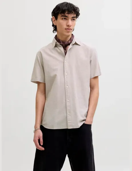Jack & Jones Regular Fit Cotton Rich Short Sleeve Shirt Beige