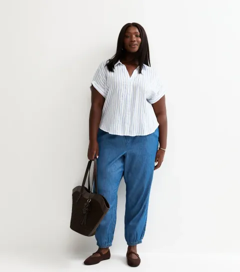 Women's Plus Size Blue Chambray Tapered Drawstring Trousers Curves