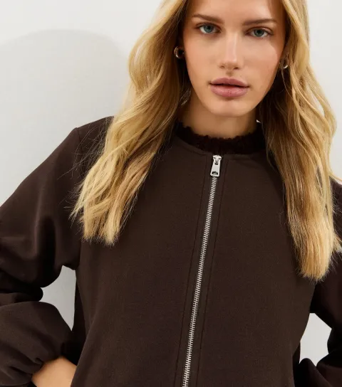 Women's Brown Collarless Zip Through Bomber Jacket