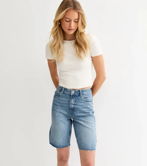 Women's Tall Blue Raw Edge Denim Bermuda Shorts