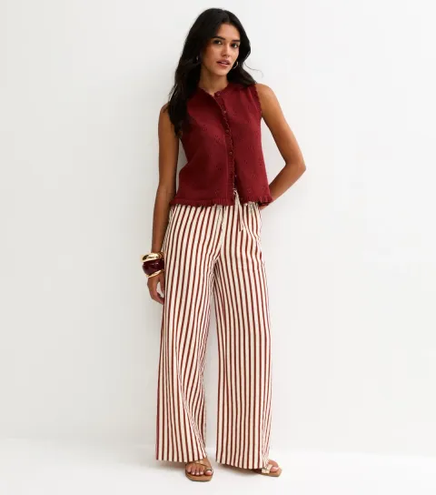 Women's Red Striped Seersucker Wide Leg Trousers