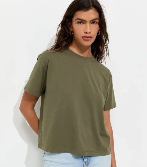 Women's Dark Khaki Cotton Boxy Fit T-Shirt